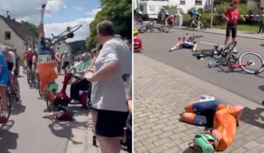 Cyclists crash, somersault off bikes as elderly woman on mobility scooter drives into race: video