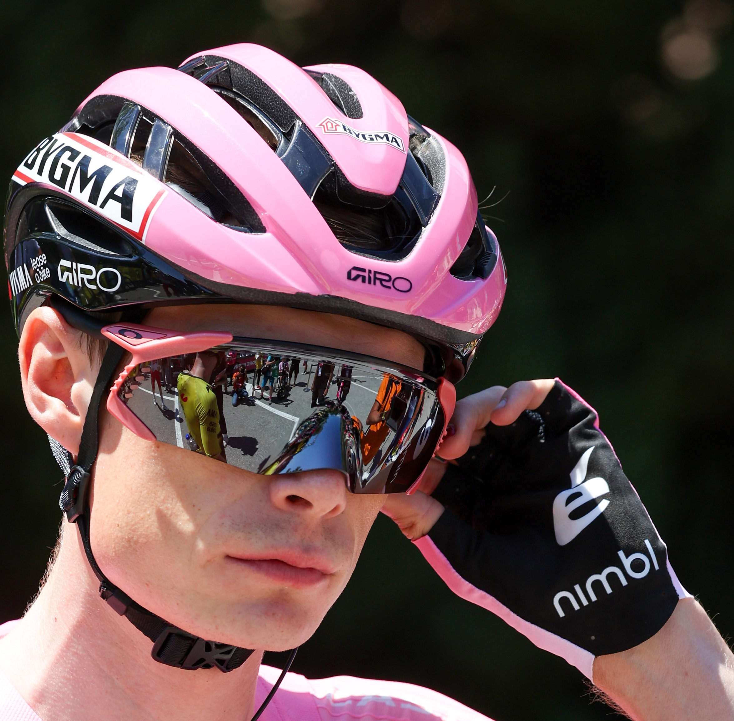 PIEVE DI SOLIGO, ITALY - MAY 28: Jonas Vingegaard of Denmark and Team Visma | Lease a Bike and Pink Leader Jersey looks on prior to the 109th Giro d'Italia 2026, Stage 18 a 171km stage from Fai della Paganella to Pieve di Soligo on May 28, 2026 in Pieve di Soligo, Italy. (Photo by Sara Cavallini/Getty Images)