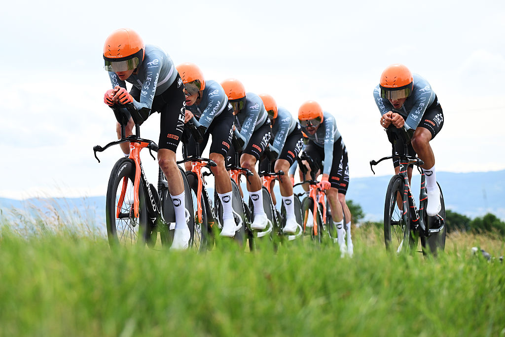 PERREUX, FRANCE - JUNE 09: (L-R) Carlos Rodriguez of Spain, Joshua Tarling of Great Britain and Netcompany INEOS Cycling Team compete during the 78th Tour Auvergne-Rhone-Alpes 2026, Stage 3 a 28.4km team time trial stage from Perreux to Perreux / #UCIWT / on June 09, 2026 in Perreux, France. (Photo by Dario Belingheri/Getty Images)