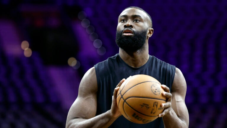 Boston Celtics guard Jaylen Brown warms up before the game. The Philadelphia 76’ers hosted the Boston Celtics in Game 3 of the first round of the NBA Playoffs on Friday, April 24, 2026 at Xfinity Mobile Arena in Philadelphia, PA.