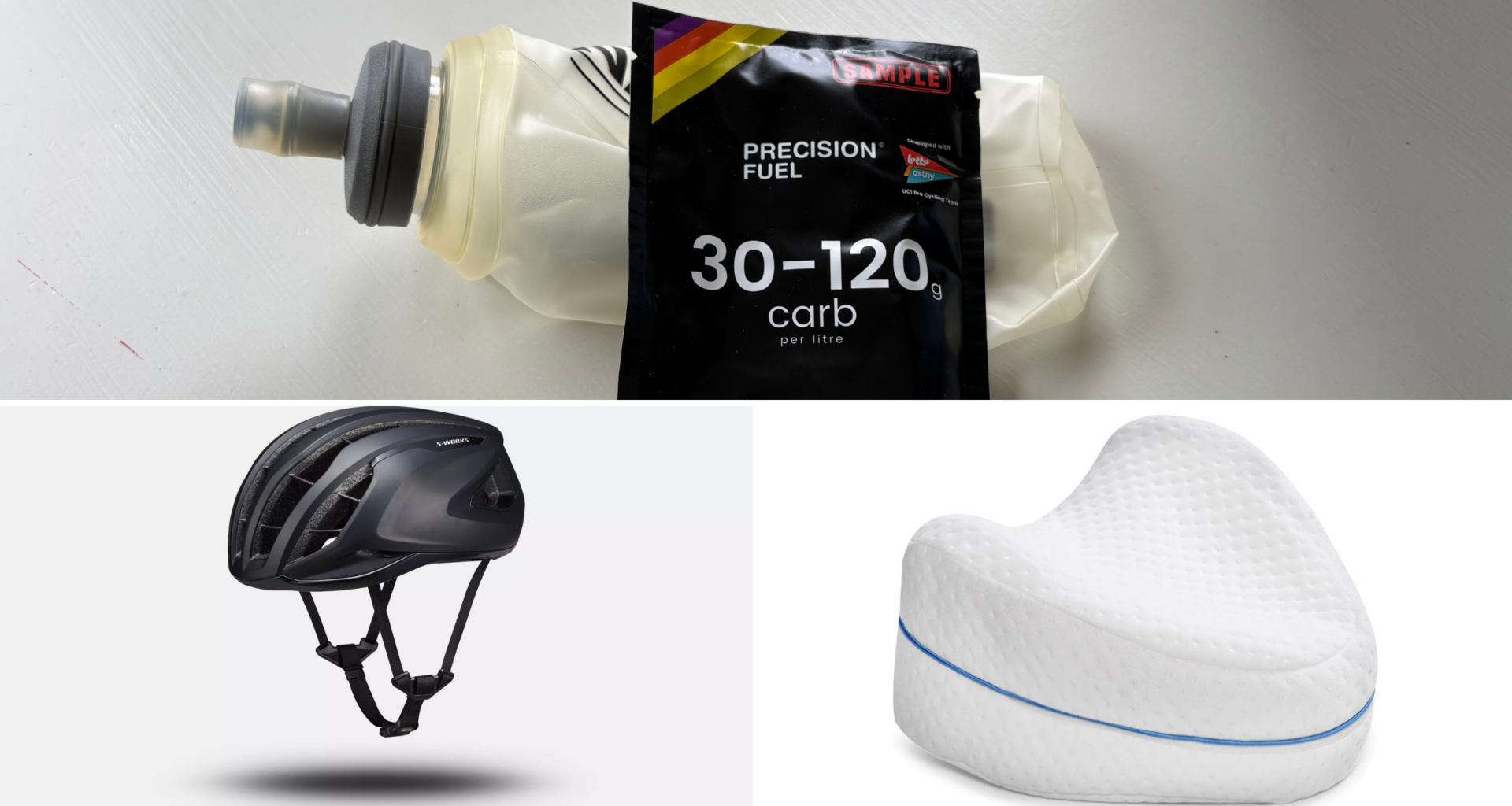 A compilation image showing Precision Fuel Carb Only Drink Mix, Specialized S-Works Prevail 3 Bike Helmet, and Contour Legacy Leg Pillow.