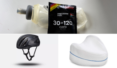 A compilation image showing Precision Fuel Carb Only Drink Mix, Specialized S-Works Prevail 3 Bike Helmet, and Contour Legacy Leg Pillow.