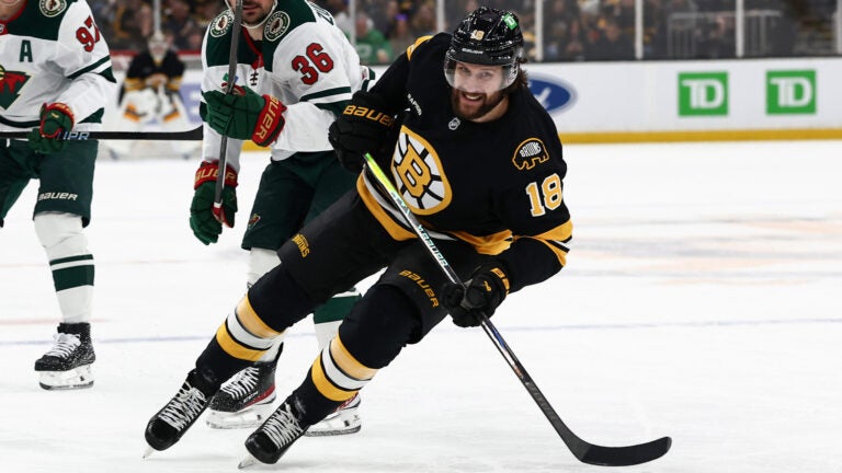Boston Bruins' Pavel Zacha during an NHL hockey game against the Minnesota Wild Saturday, March 28, 2026, in Boston.