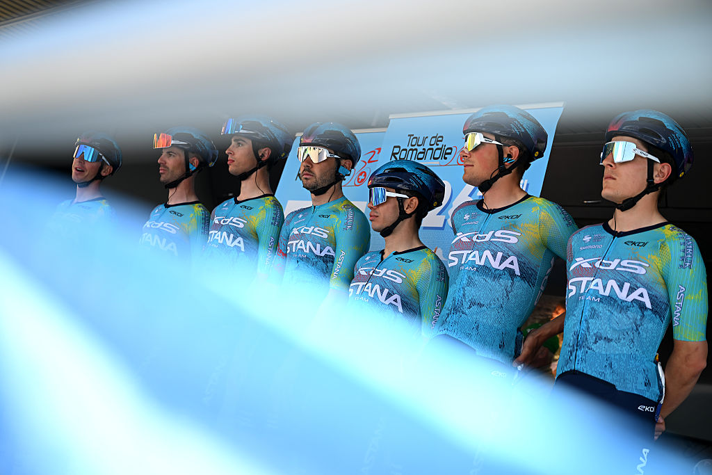 ORBE, SWITZERLAND - MAY 01: Clement Champoussin of France, Lorenzo Fortunato of Italy, Sergio Higuita of Colombia, Florian Samuel Kajamini of Italy, Cristian Rodriguez of Spain, Marco Schrettl of Austria, Davide Toneatti of Italy and Team XDS Astana prior to the 79th Tour de Romandie 2026, Stage 3 a 176.6km stage from Orbe to Orbe / #UCIWT / on May 01, 2026 in Orbe, Switzerland. (Photo by Dario Belingheri/Getty Images)
