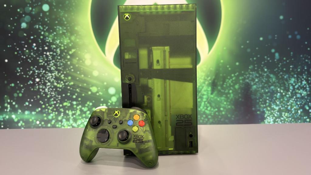 The limited-edition translucent green Xbox Series X 25th Anniversary console revealed at the Xbox Games Showcase 2026.