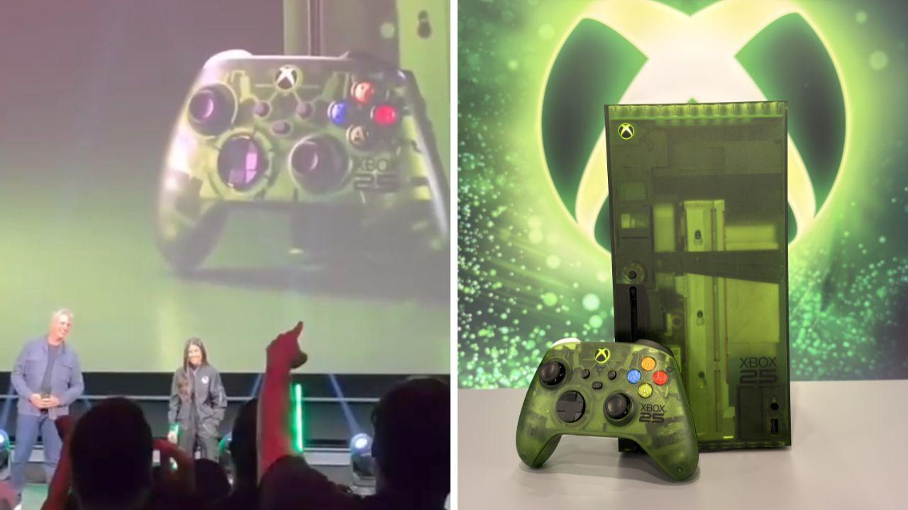 L: Asha Sharma speaking on stage at the Xbox Games Showcase 2026 event. R: The limited green translucent Xbox Series X 25th Anniversary Edition console revealed at the 2026 showcase.