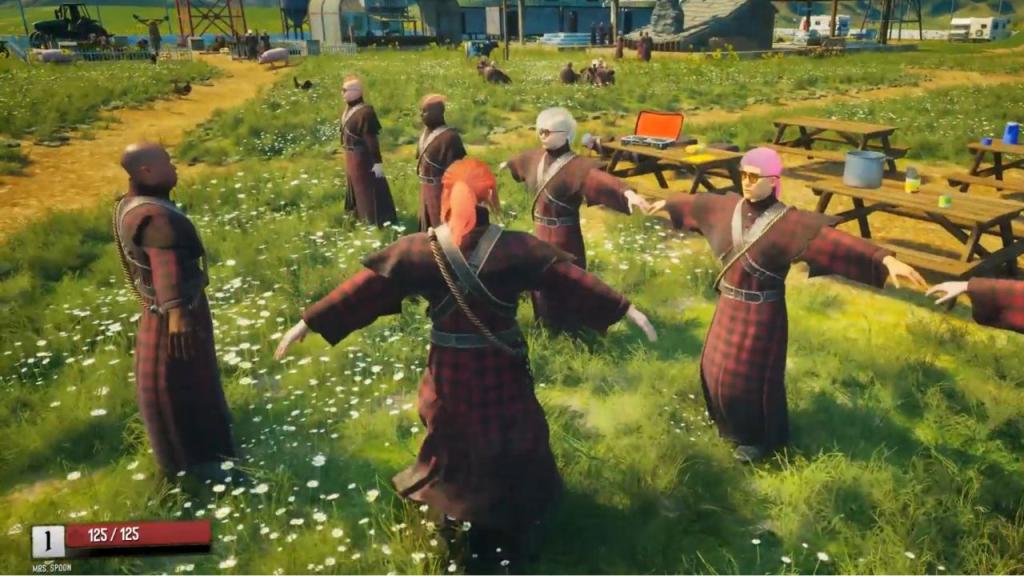 A gameplay screenshot of cult member NPCs doing synchronized jumping jacks in JOIN US, from the hands-on preview at the Xbox Games Showcase 2026.