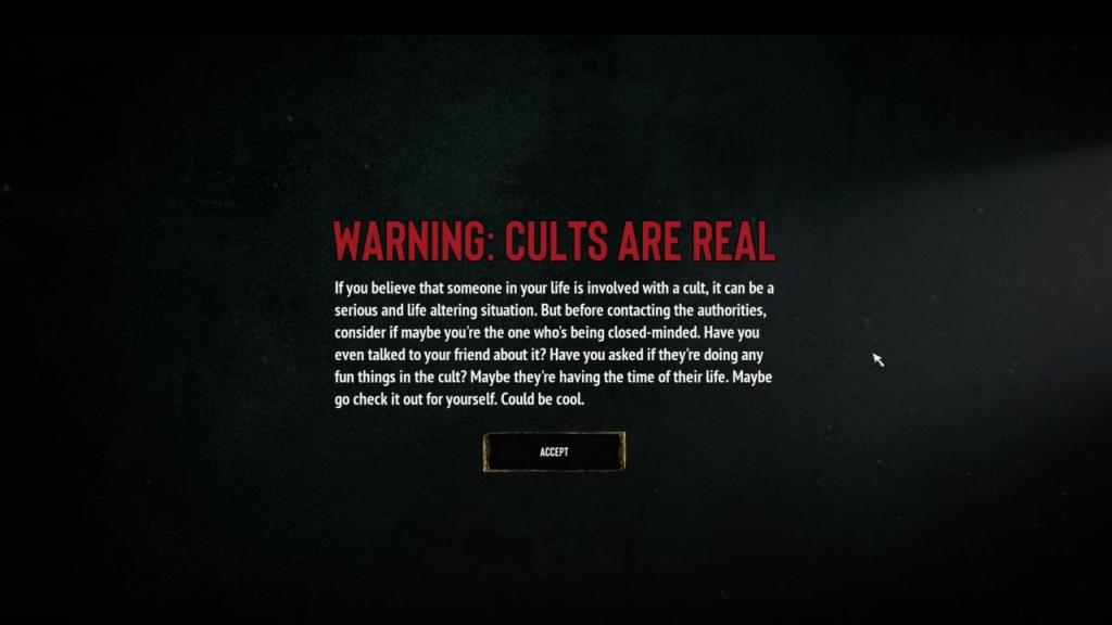 A screenshot of the satirical in-game disclaimer at the start of JOIN US, featured as a hands-on preview game at the Xbox Games Showcase 2026.