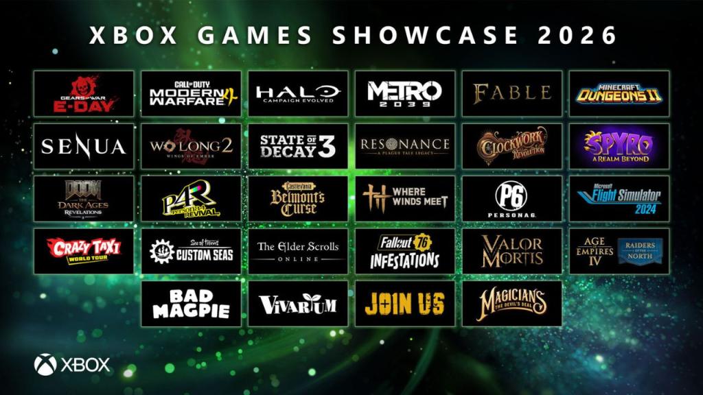 A graphic image displaying the entire lineup of games announced at the Xbox Games Showcase 2026.