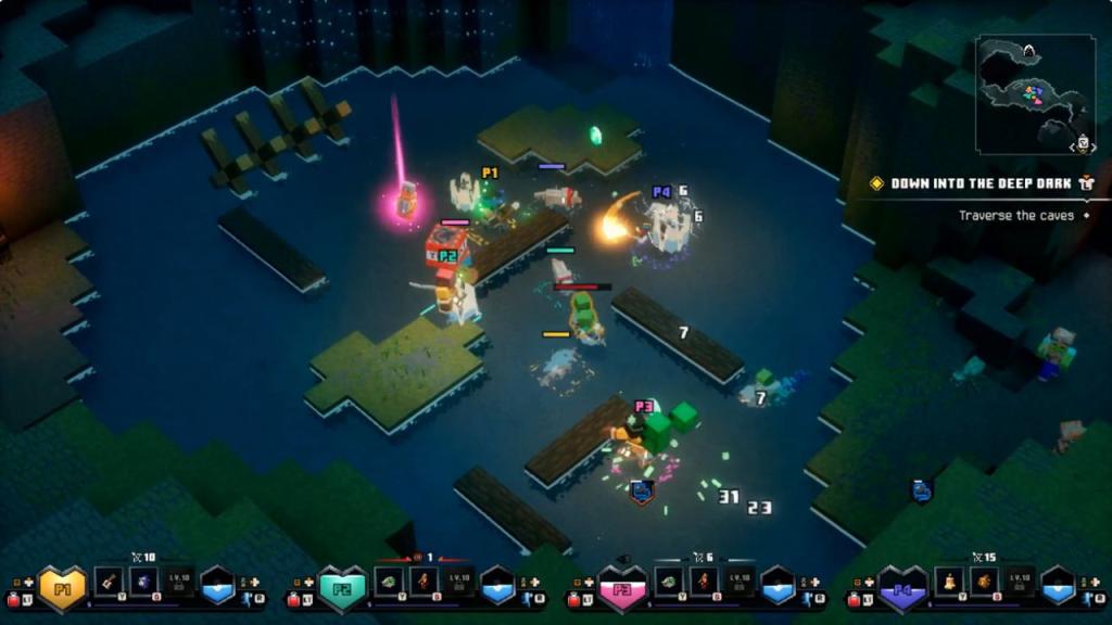 A four-player co-op gameplay screenshot of Minecraft Dungeons II, featured as a hands-on preview game at the Xbox Games Showcase 2026.