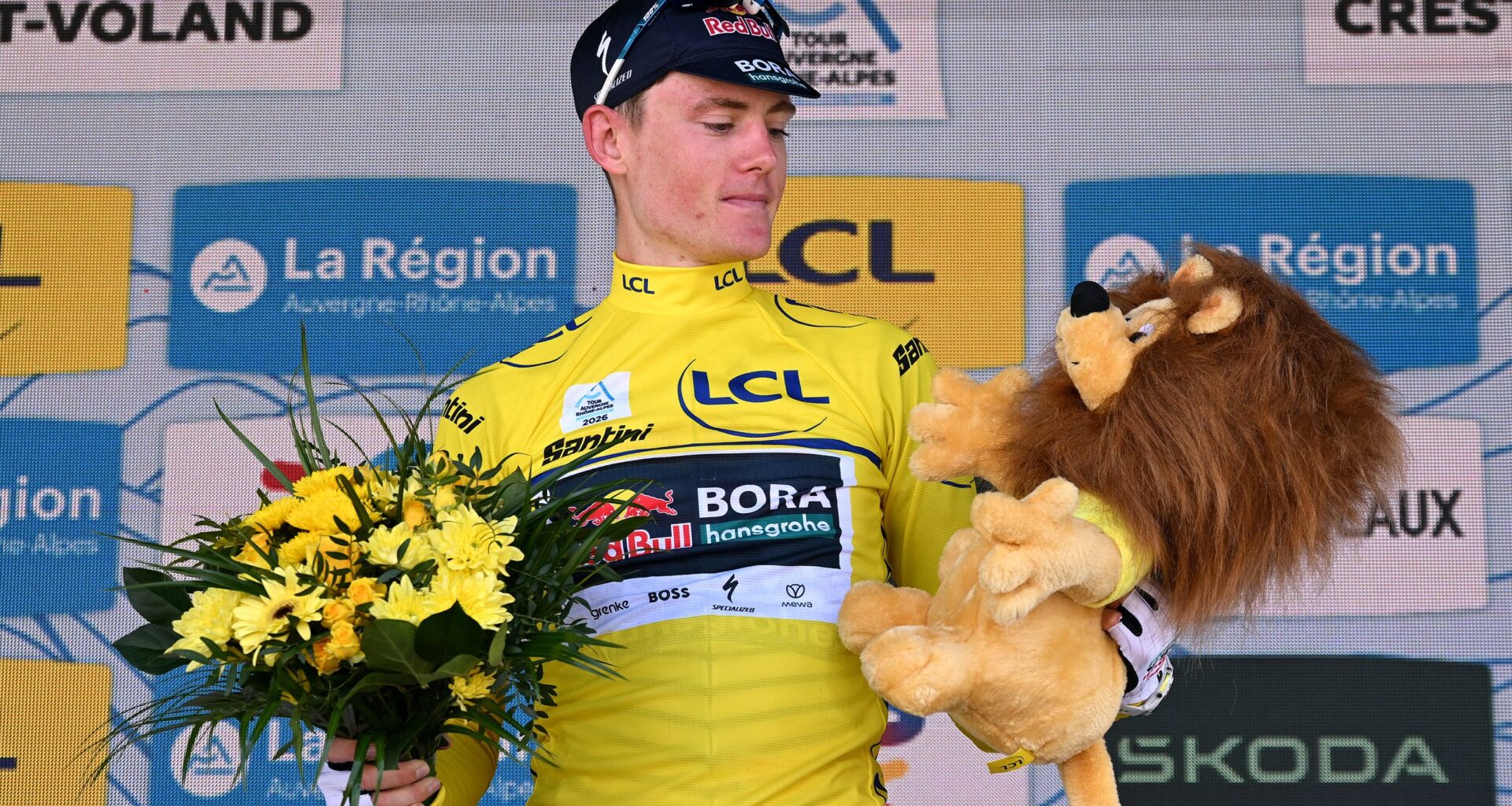 CREST-VOLAND, FRANCE - JUNE 12: Luke Tuckwell of Australia and Team Red Bull - BORA - hansgrohe celebrates at podium as Yellow Leader Jersey winner during the 78th Tour Auvergne-Rhone-Alpes 2026, Stage 6 a 182.3km stage from Saint-Vulbas to Crest-Voland 1211m / #UCIWT / on June 12, 2026 in Crest-Voland, France. (Photo by Dario Belingheri/Getty Images)
