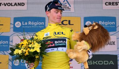 CREST-VOLAND, FRANCE - JUNE 12: Luke Tuckwell of Australia and Team Red Bull - BORA - hansgrohe celebrates at podium as Yellow Leader Jersey winner during the 78th Tour Auvergne-Rhone-Alpes 2026, Stage 6 a 182.3km stage from Saint-Vulbas to Crest-Voland 1211m / #UCIWT / on June 12, 2026 in Crest-Voland, France. (Photo by Dario Belingheri/Getty Images)