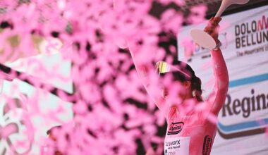 SANTE STEFANO DI CADORE, ITALY - JUNE 03: Anna van der Breggen of Netherlands and Team SD Worx - Protime celebrates at podium as Pink Leader Jersey winner during the 37th Giro d&amp;apos;Italia Women 2026, Stage 5 a 146km stage from Longarone to Sante Stefano di Cadore 911m / #UCIWWT / on June 03, 2026 in Sante Stefano di Cadore, Italy. (Photo by Luc Claessen/Getty Images)