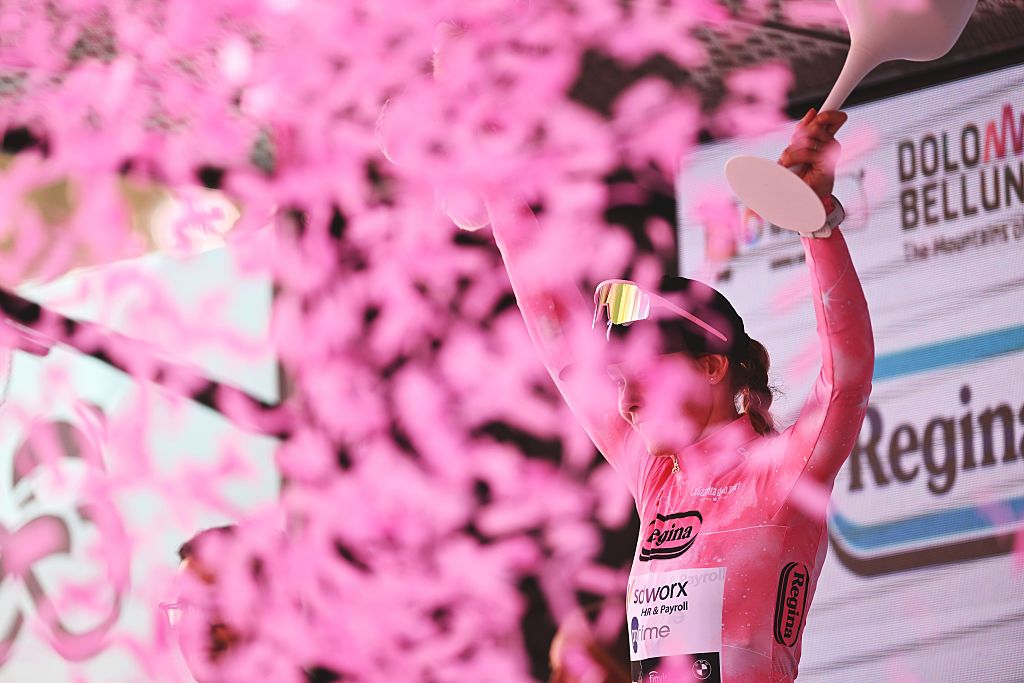 SANTE STEFANO DI CADORE, ITALY - JUNE 03: Anna van der Breggen of Netherlands and Team SD Worx - Protime celebrates at podium as Pink Leader Jersey winner during the 37th Giro d&amp;apos;Italia Women 2026, Stage 5 a 146km stage from Longarone to Sante Stefano di Cadore 911m / #UCIWWT / on June 03, 2026 in Sante Stefano di Cadore, Italy. (Photo by Luc Claessen/Getty Images)