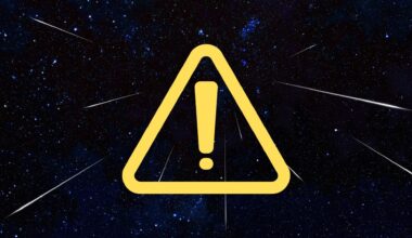 a meteor shower outburst graphic in the background shows multiple shooting stars in the foreground is yellow triangle with an exclamation mark inside.