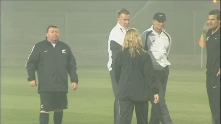 A Kiwi training session was abandoned when the pitch was smothered by smoke from nearby charcoal fires.