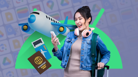 A woman holding a suitcase and a phone, with passport, ticket, and airplane illustrations next to her, and blurred app icons in the background.