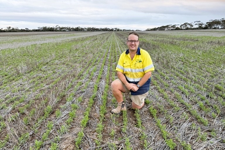 A smiling man in a high-vis shirt and glasses kneels in a paddock.