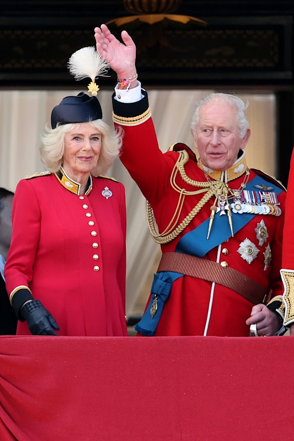 The uniform approach of King Charles III and Queen Camilla in her regimental dress by Fiona Clare at Trooping the Colour.