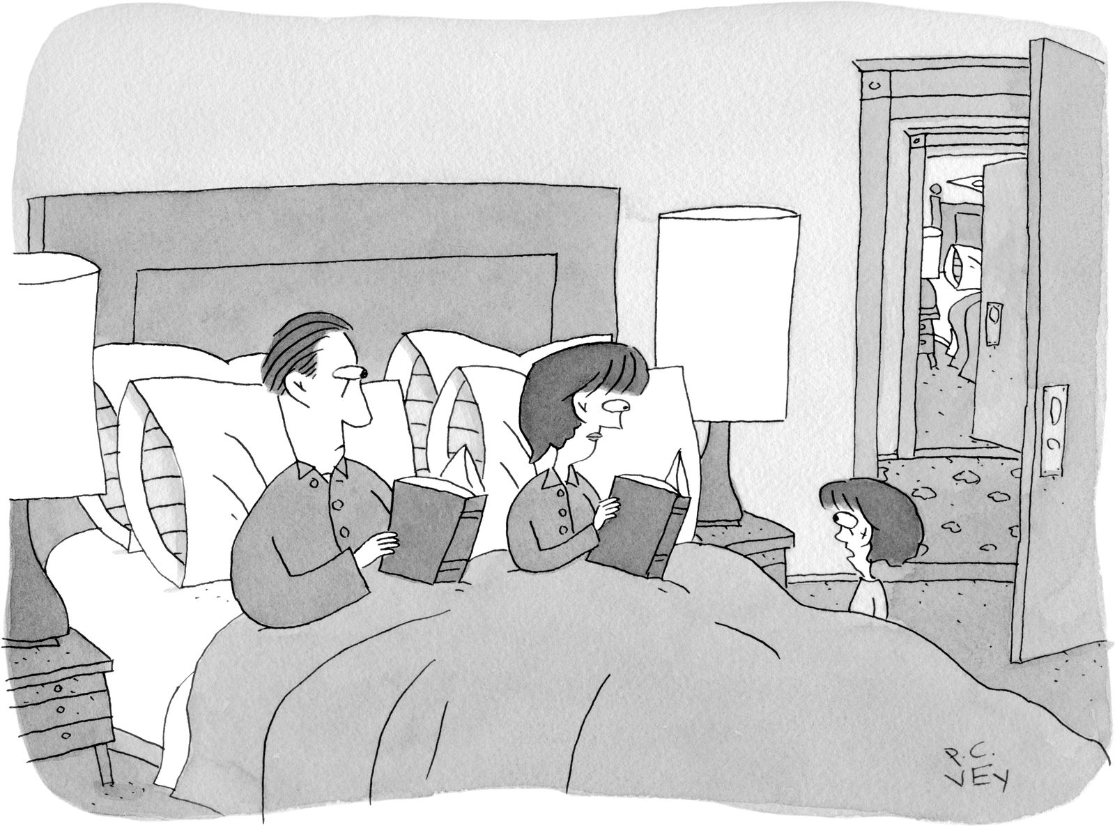 Child stands beside parents bed while parents hold books.