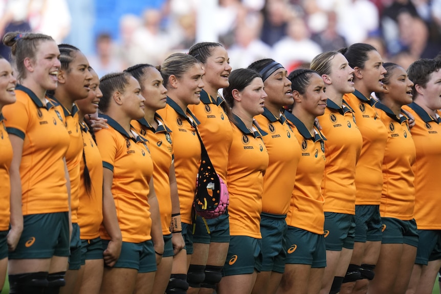 Wallaroos sing the national anthem before a match at the 2025 Women's Rugby World Cup.