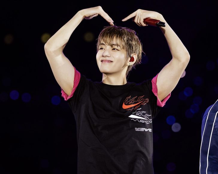 V of K-pop boy band BTS performs onstage during the group's ongoing 'ARIRANG' World Tour at Busan's Asiad Main Stadium, Saturday. Courtesy of BigHit Music