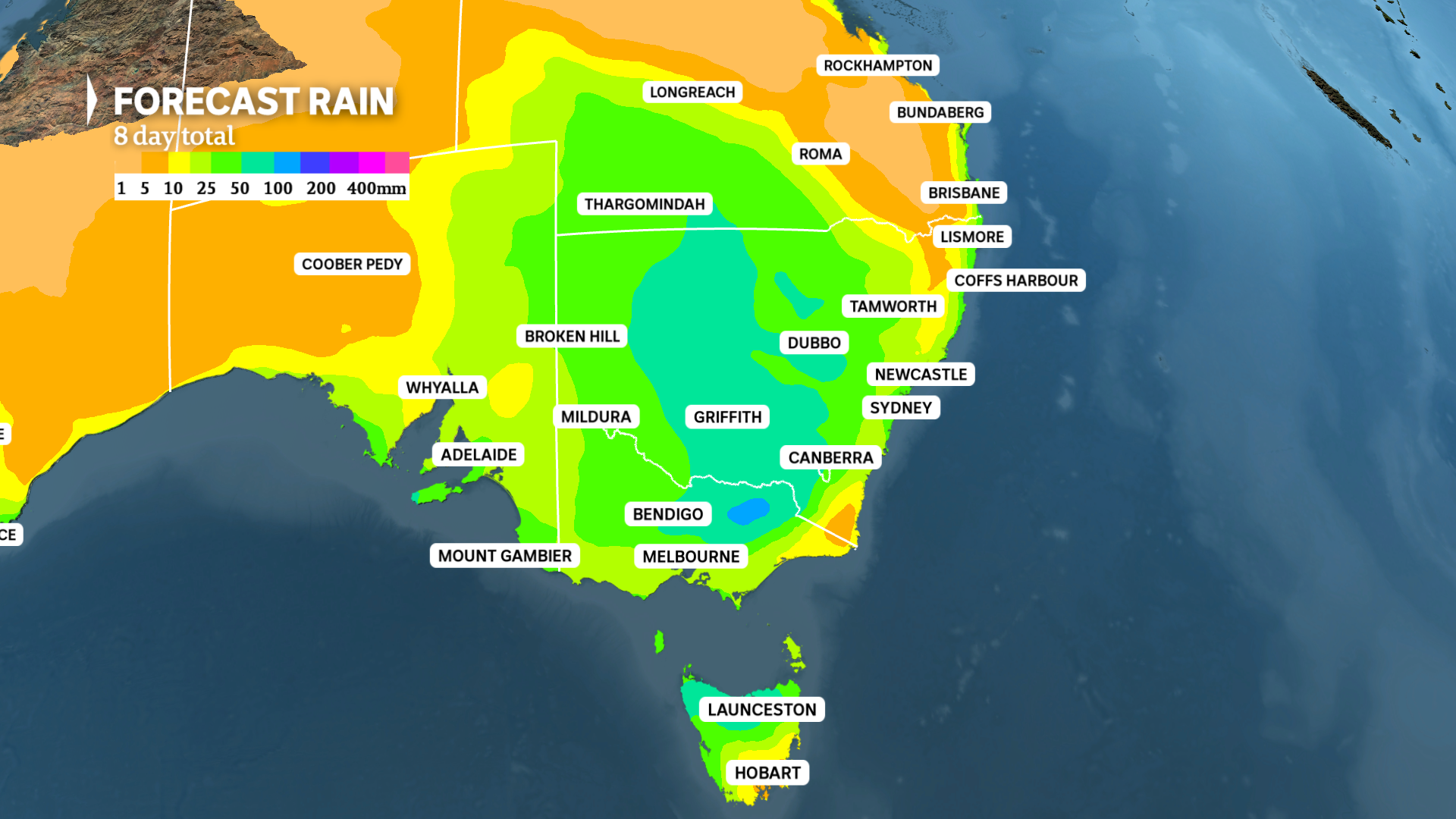 a weather map of southern australia shows widespread falls of 25 to 50mm are ahead for the Murray-Darling Basin,