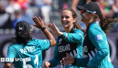 A split graphic of Australia's Ash Gardner (left), England's Lauren Bell (centre) and India's Deepti Sharma (right)