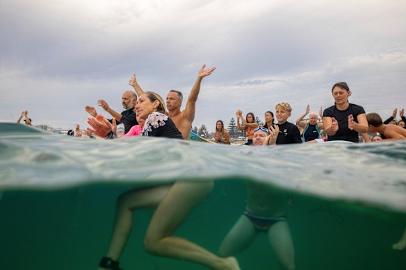 Swimmers honour Nico Antic at Bondi after the 12-year-old was killed by a shark in January.
