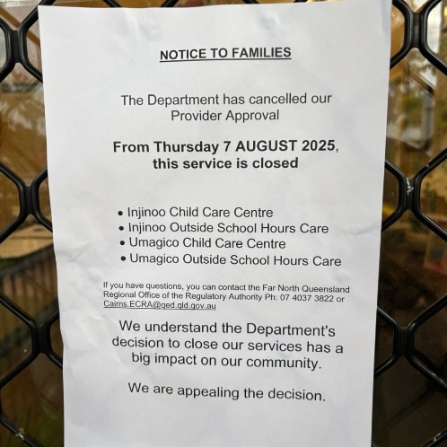 A typed piece of paper on a door says "From Thursday 7 August 2025, this service is closed."