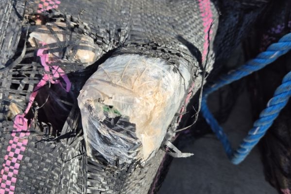 A torn package containing a brick of cocaine.