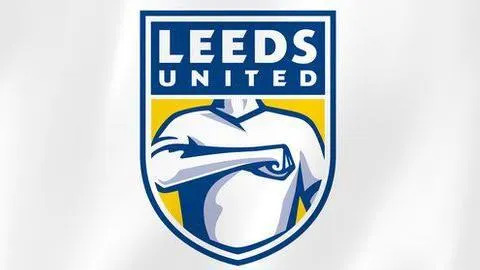 A graphic of the Leeds United crest in 2018 which was ultimately scrapped. It has the club's name in a blue block and then the white torso of a cartoon person pumping their chest with one fist.