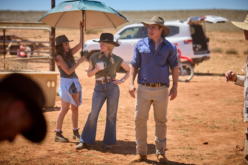 Home and Away took a crew of 38 people to shoot on WA’s Coral Coast. Pictured: Home and Away stars Bonnie Sveen and Stephen Peacocke.