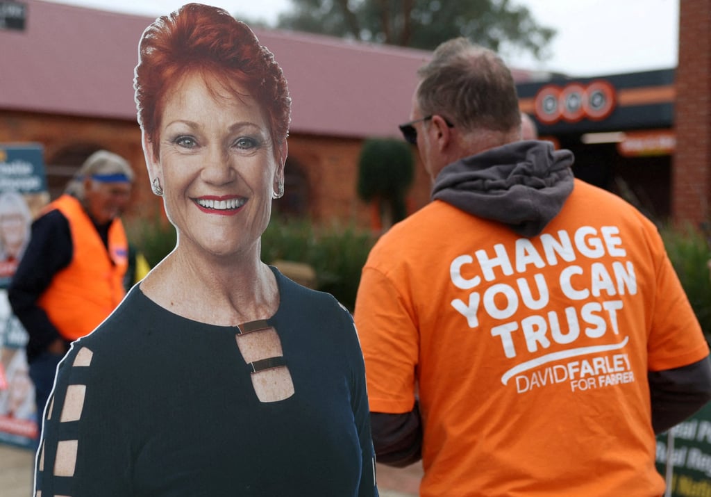 A campaign cut-out depicting One Nation leader Pauline Hanson is displayed outside a pre-polling centre ahead of the Farrer by-election in Corowa, Australia, on May 6. Photo: Reuters