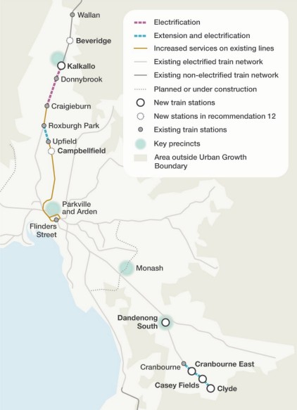 Map of Melbourne suburban train line extension from Upfield and Wallan