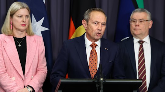 Minister for Agriculture, Fisheries and Forestry Julie Collins, WA Premier Roger Cook and Minister for the Environment and Water Murray Watt address the media during a press conference at Parliament House in Canberra on Monday.