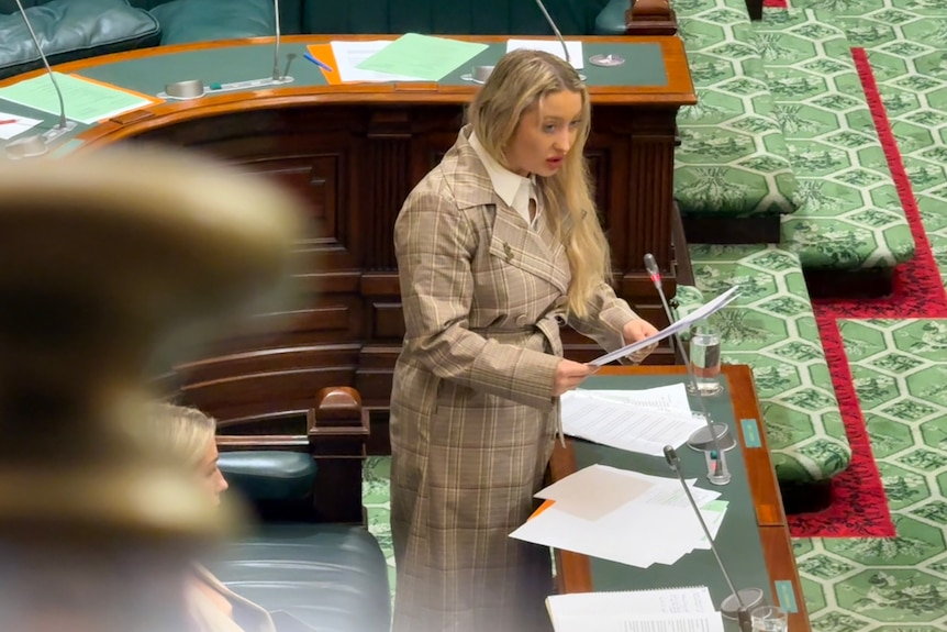 A woman in a check trenchcoat stands at a wooden desk in a room with green carpet.