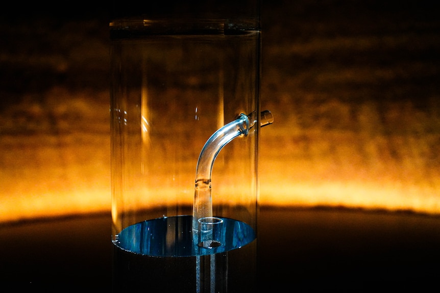 A glass beaker with a glass hose coming out of it.