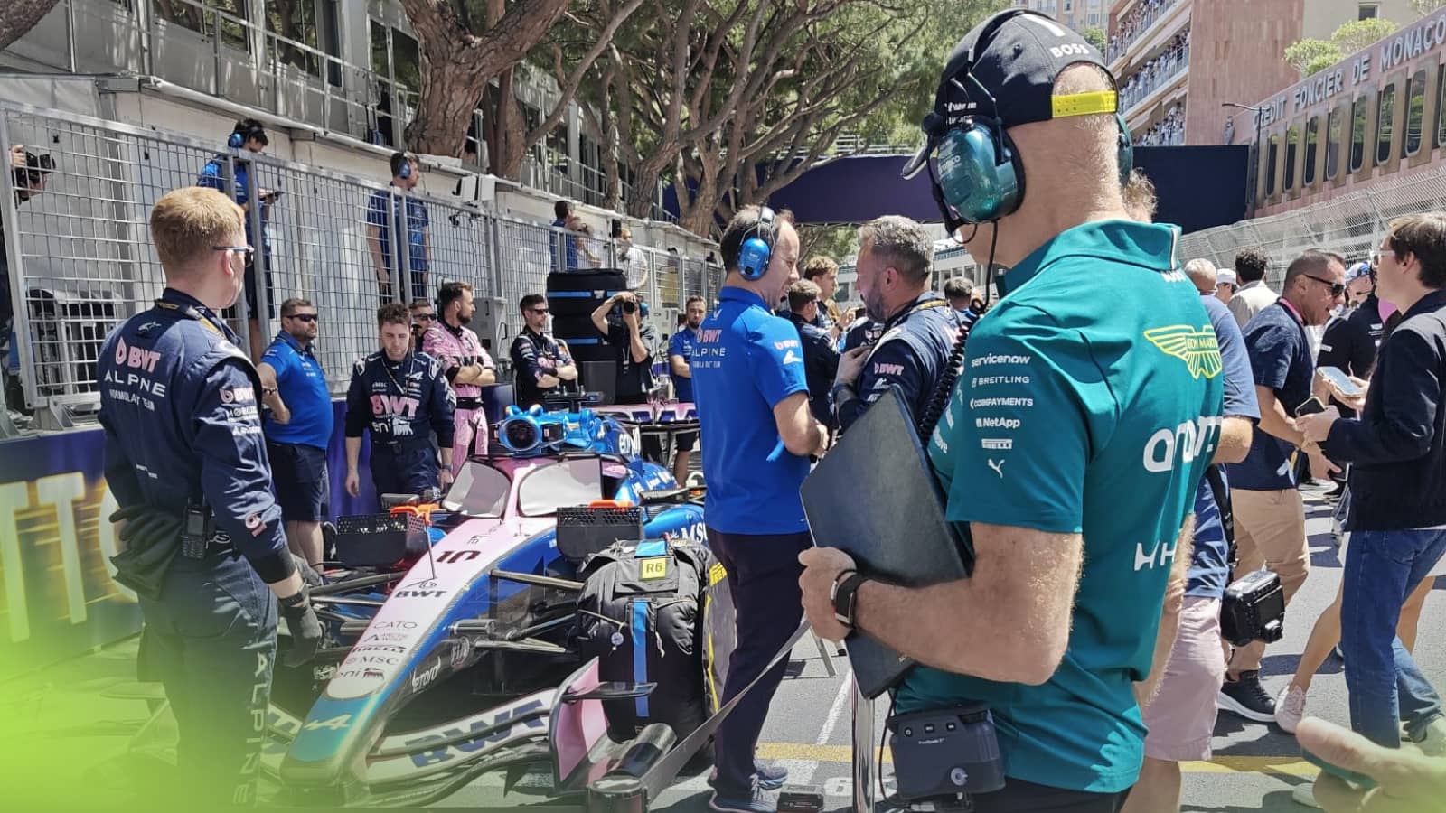Adrian Newey looking at Pierre Gasly's Alpine on the grid in Monaco