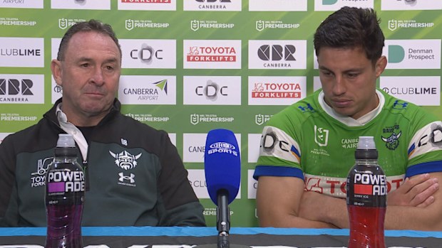 Raiders coach Ricky Stuart and captain Joe Tapine speak to reporters after a loss to the Roosters.