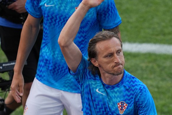 Croatia’s Luka Modric waves to fans during the warm-up ahead of their match against Panama