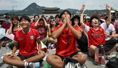 South Korean fans react as they watch their team play Mexico in the World Cup at Gwanghwamun Square in Seoul on June 19.