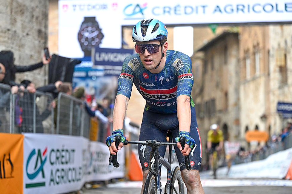 SAN GIMIGNANO, ITALY - MARCH 10: Ilan Van Wilder of Belgium and Team Soudal Quick-Step crosses the finish line during the 61st Tirreno-Adriatico 2026, Stage 2 a 206km stage from Camaiore to San Gimignano 332m / #UCIWT / on March 10, 2026 in San Gimignano, Italy. (Photo by Tim de Waele/Getty Images)