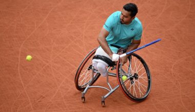Ahmet Kaplan of Turkiye in action against Niels Vink (not seen) of the Netherlands during the Quad Wheelchair Singles Final the 2026 French Open at Roland Garros on June 6, 2026 in Paris, France. (AA Photo)