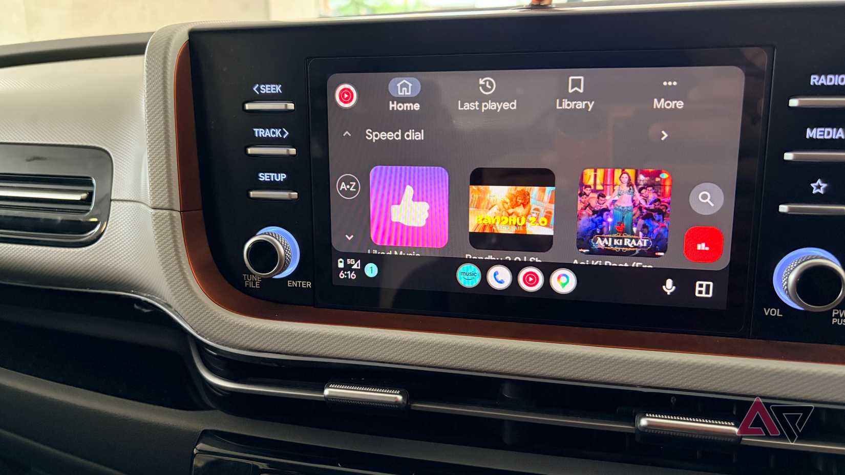 A screenshot showing YouTube Music dashboard on Android Auto