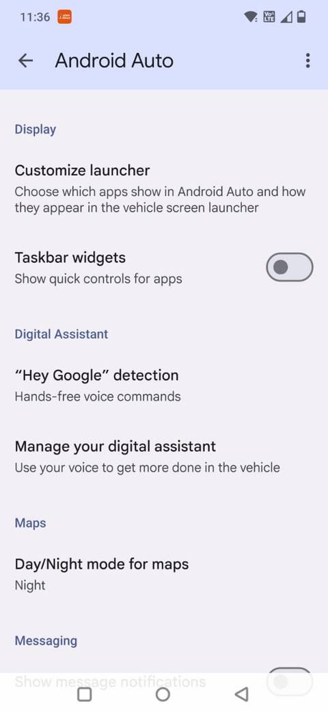 Screenshot showing the Android Auto settings page