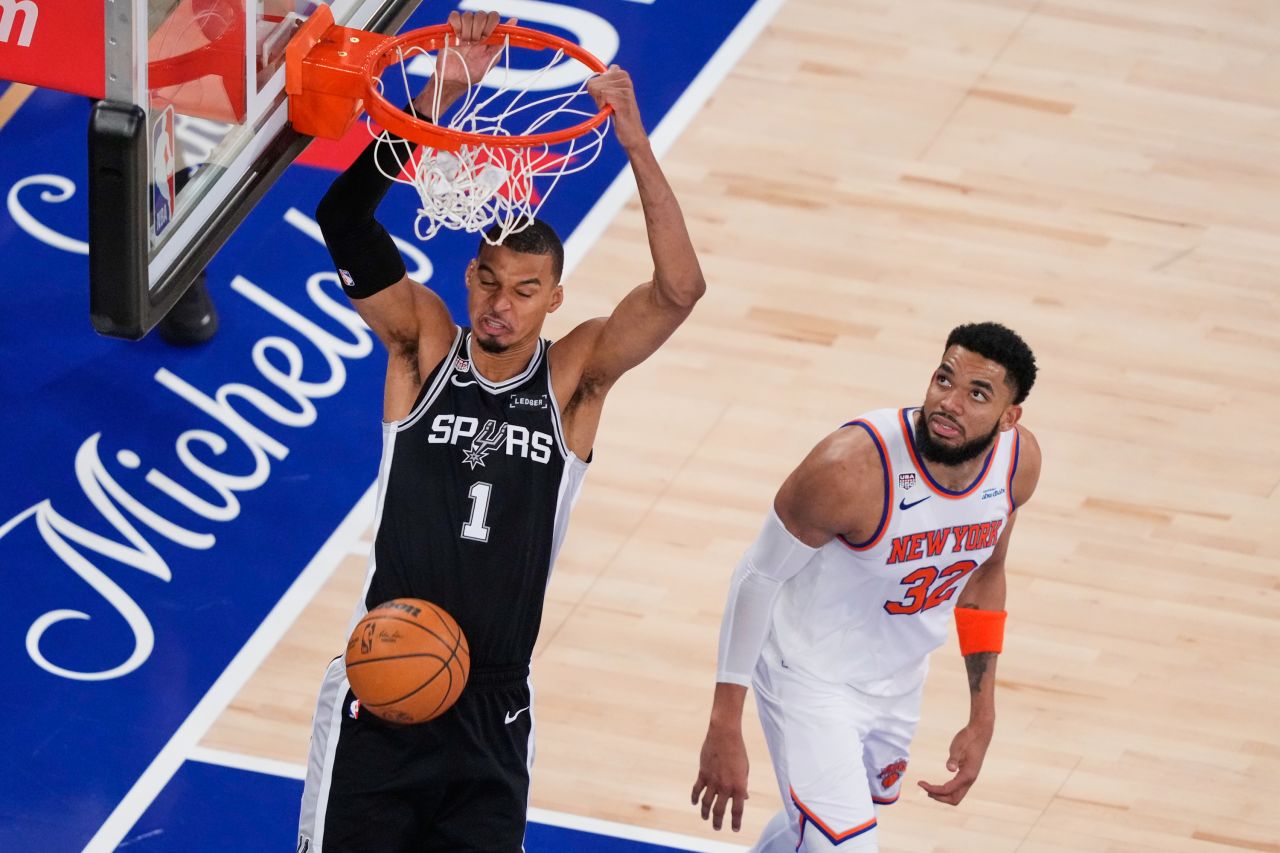San Antonio Spurs star Victor Wembanyama throws down a dunk during the second half of Game 3.