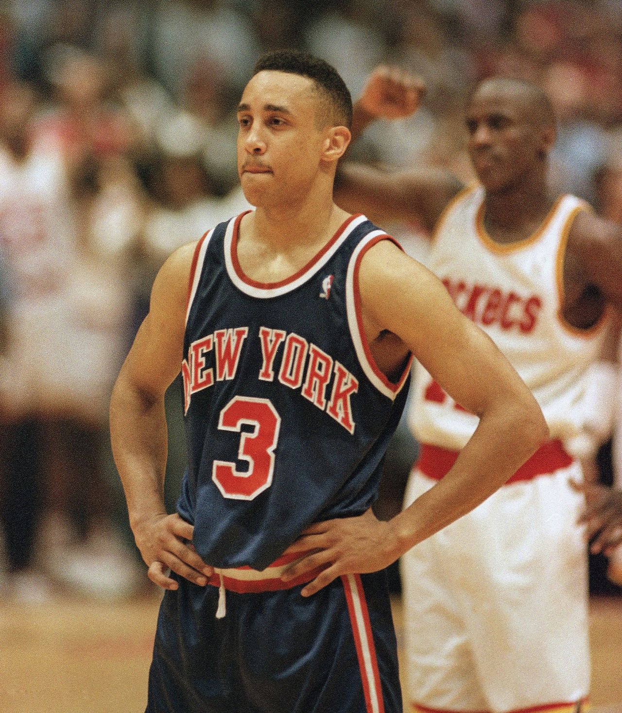 John Starks of the New York Knicks heads for a timeout in the closing seconds of Game 7 against the Houston Rockets in the NBA Finals in Houston on June 22, 1994.