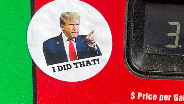 A sticker of Donald Trump placed on a petrol pump at a service station in the swing state of Georgia.