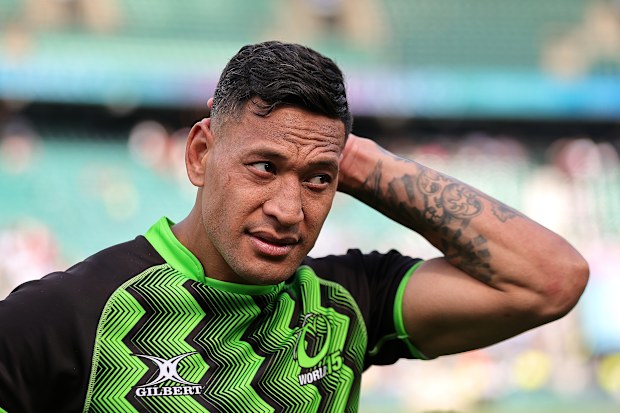 Israel Folau playing for a World XV rugby side in 2023.
